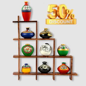 exclusivelane "50% Off – 9 Terracotta Warli Pots with Sheesham Wood Frame Decor"