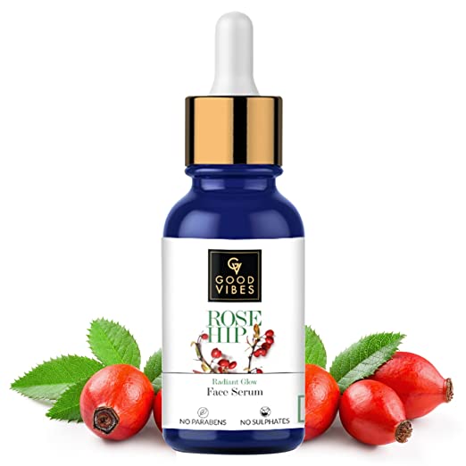 Good Vibes Rose Hip Radiant Glow Face Serum, 10 ml Light Weight Non Greasy Moisturizing Anti Ageing Formula For All Skin Types, Corrects Dark Spots, Natural, No Parabens & Sulphates, No Animal Testing