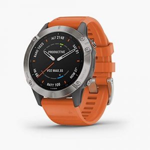 Garmin Fenix 6 Sapphire, Premium Multisport GPS Watch, features Mapping, Music, Grade-Adjusted Pace Guidance and Pulse Ox Sensors, Dark Gray with Orange Band