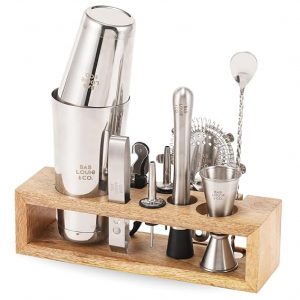Bab Louie & Co. Bar & Cocktail Set, Ultimate BarKit with Wooden Stand, Cocktail Shaker Set for Drink