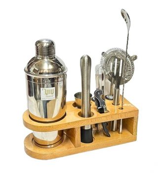 Dynore Stainless Steel Bar Set with Stylish Wooden Stand | Perfect Home Bartending Kit and Martini Cocktail Shaker Set
