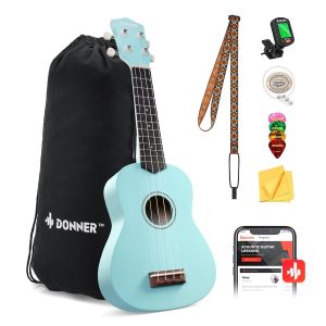 Donner Soprano Ukulele for Beginner 21 Inch Matte Ukulele Beginner Kit with Bag Strap Tuner Strings Picks Cloth, Free Online Lessons, Holiday Christmas & Birthday Gift (Cyan Blue)