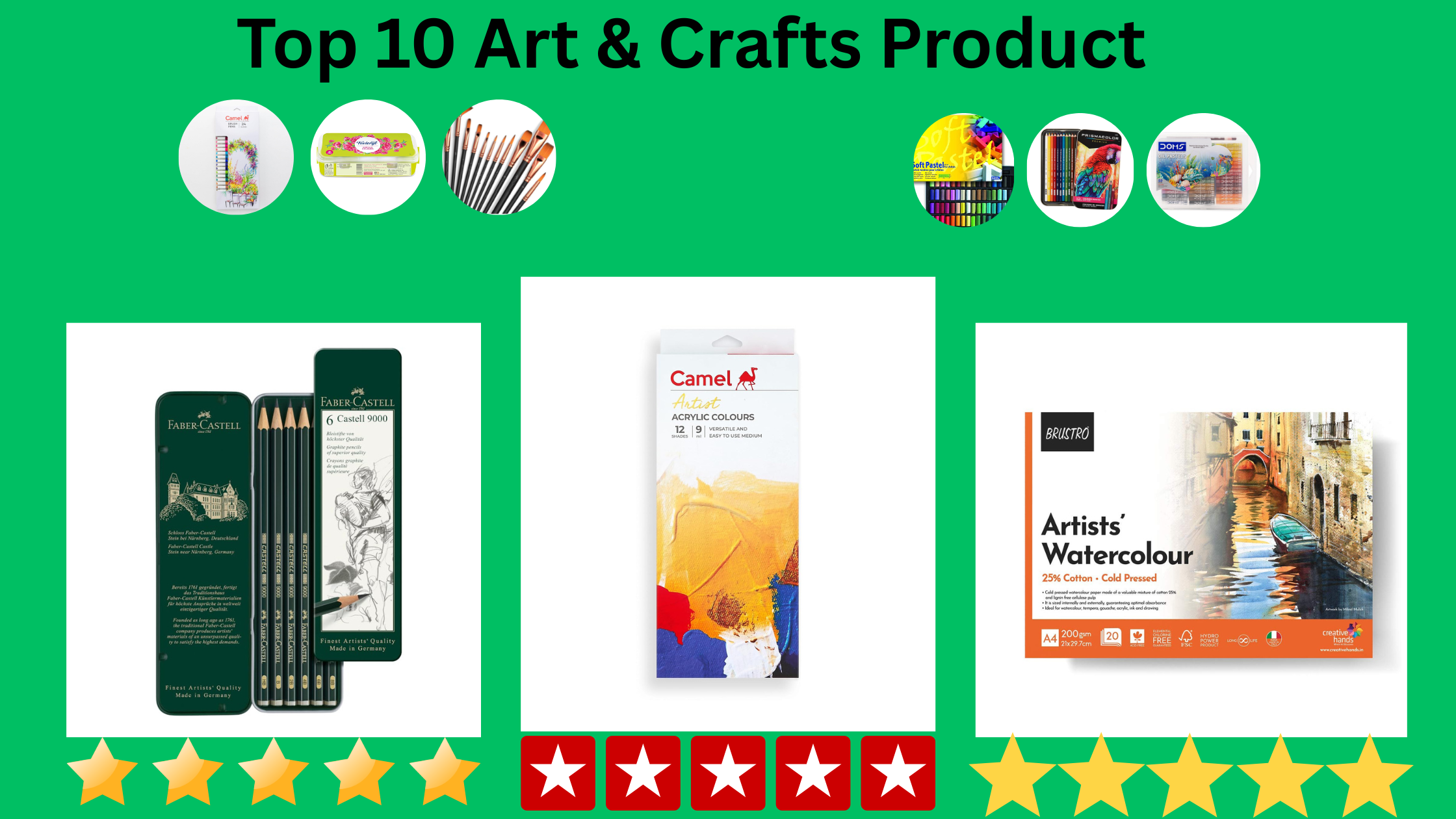 Faber-Castell sketching pencils, Camel acrylic colours, and Brustro watercolour pad – popular art & craft supplies in India