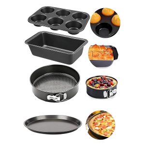 PureBake Premium Sgs Certified Cake Baking Combo 4 Baking Set Includes Round Cake Tin, Bread Loaf, Pizza Pan & Muffin Tray Cake Moulds Set - Suitable For Microvawe OTG Oven And Dishwasher Safe,Black.