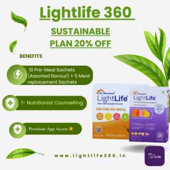 Enjoy health with Lightlife 360's Sustainable Plan including 170 Pre-Meal Sachets + 30 Meal Replacement Sachets 7 - Nutritionist Counselling 4 - Fitness Coach Counselling, Premium App Access