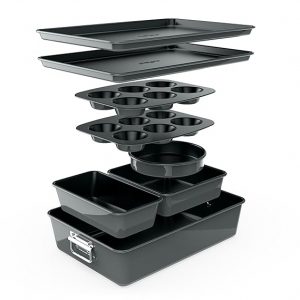 NutriChef 8-Piece Nonstick Stackable Bakeware Set - PFOA, PFOS, PTFE Free Baking Tray Set w/Non-Stick Coating, 450°F Oven Safe, Round Cake, Loaf, Muffin, Wide/Square Pans, Cookie Sheet (Gray).