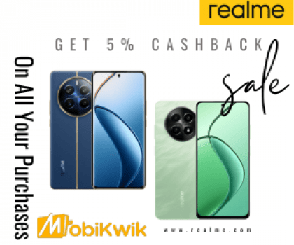 Unlock the benefits of 5% cashback on every purchase when you utilize MobiKwik for your transactions with realme coupon code